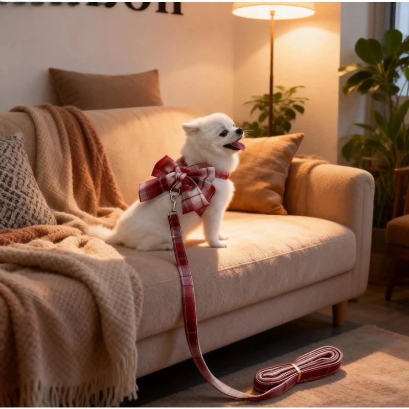 Cute No-pull Dog Harness Adjustable Red Christmas Pet Leash Bowtie