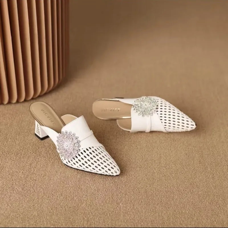 Pointed Closed Toe Weaving Hollow Out Breathable Rhinestone Flower Zpaxo