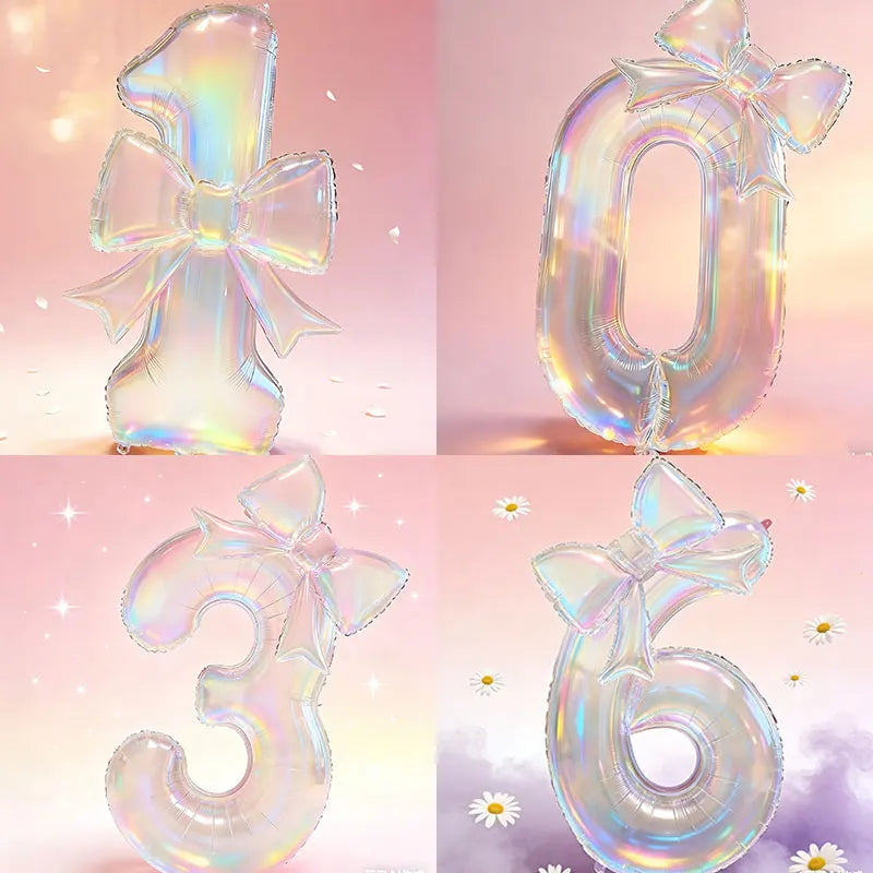 Number 0-9 Foil Balloons Large Iridescent Transparent 24-inch Bow