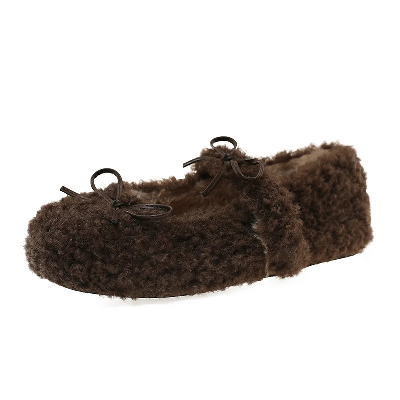 Women's Shearling Ballet Flats Strap Warm Rabbit Fur Plush Lined