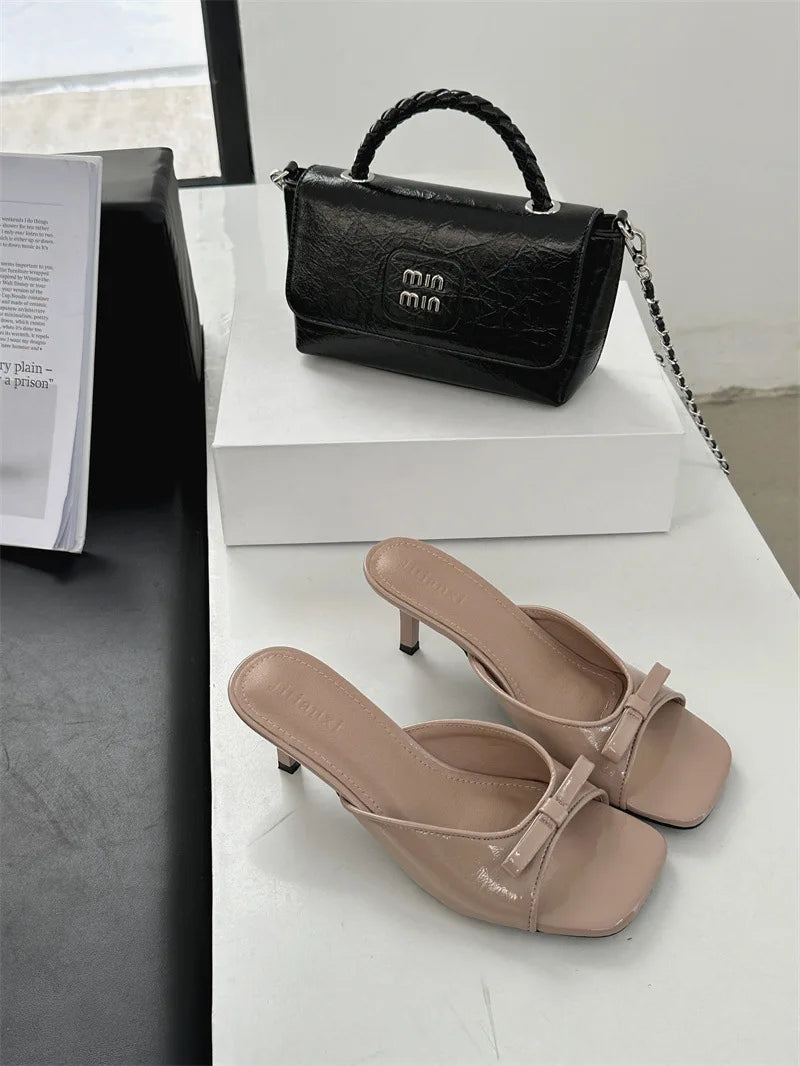 2025 Summer New Style Outwear Bow High Heel Slippers Women's French Sandals Zpaxo 40 Beige
