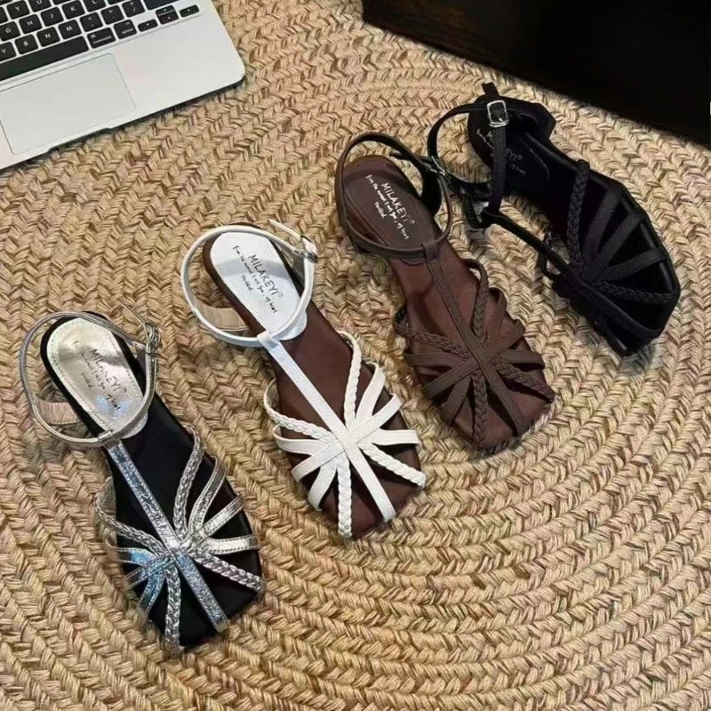 Square Closed Toe Weaving Hollow Out Comfortable Breathable One-word Zpaxo