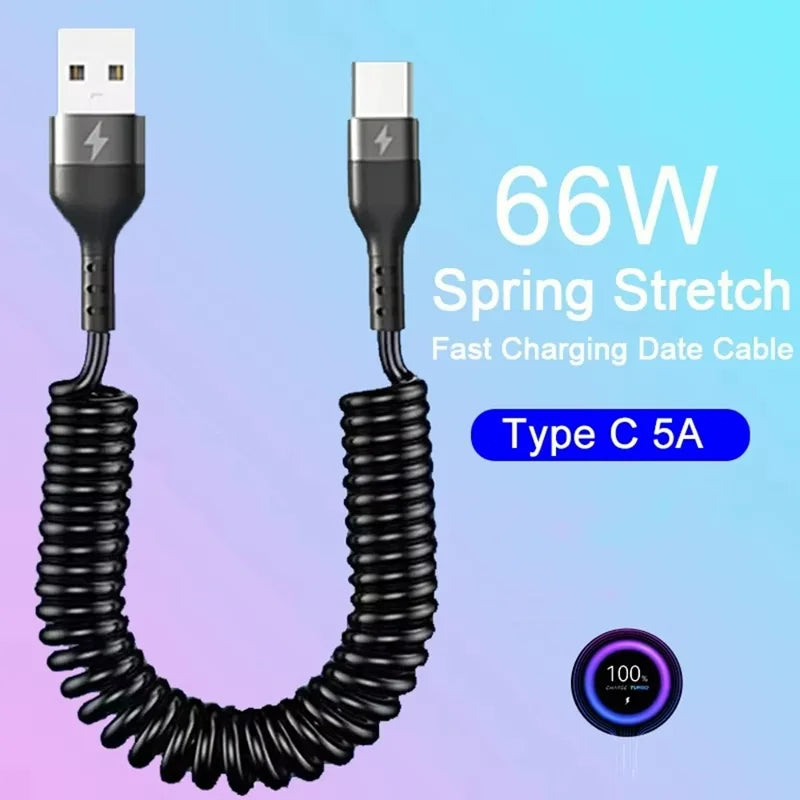 66W 5A Fast Charging C Cable Spring Telescopic Car Phone Charger USB