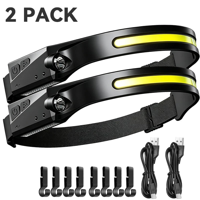 1 Headlamp USB Rechargeable LED Sensor Flashlight XPE+COB Torch Zpaxo 2 Pack