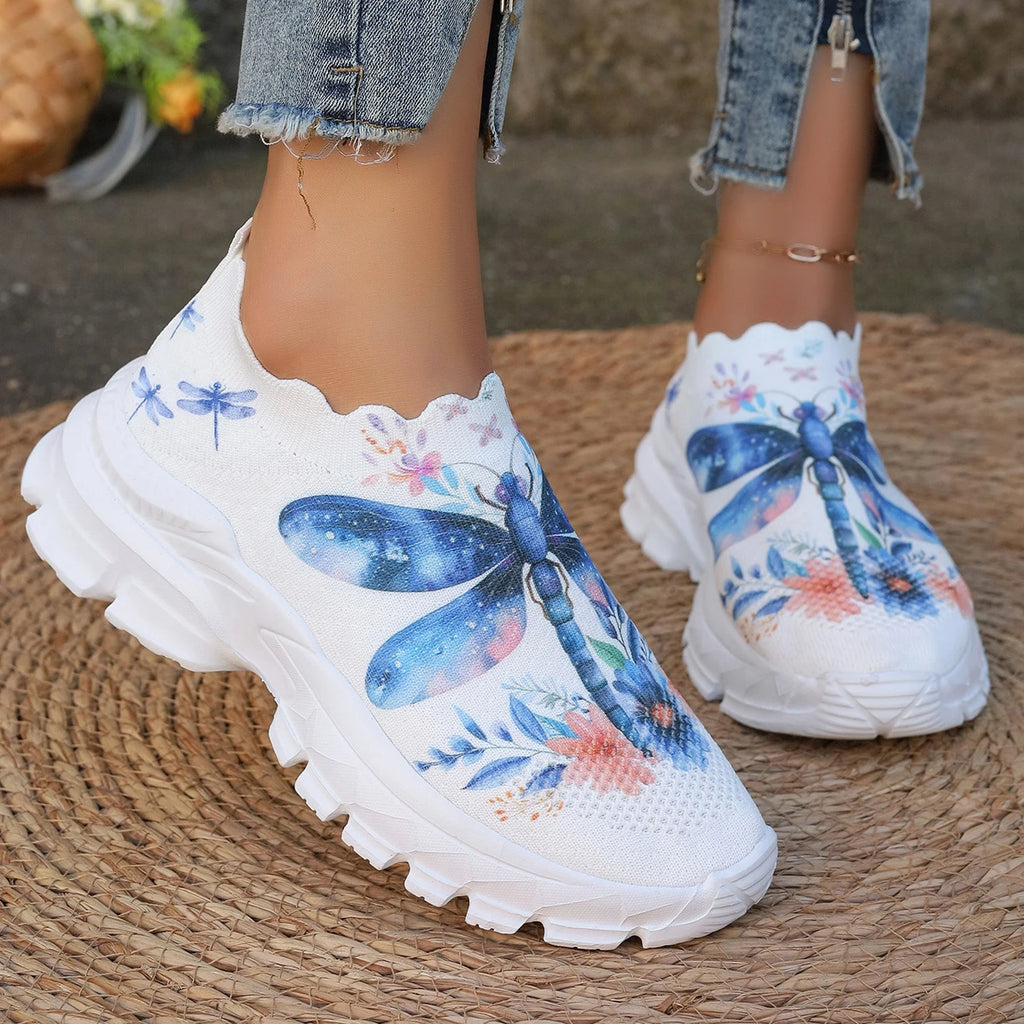 2024 Women Dragonfly Pattern Platform Non Slip Walking Shoes Woman Lightweight Fashion Slip on Comfortable Outdoor Casual Shoes Zpaxo