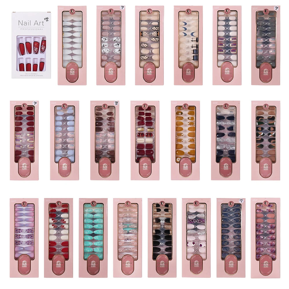 24PCS Fake Nails Reusable Stick On Nails Press on Full Cover False Nail Tips with Jelly Stickers Makeup Accessories Zpaxo