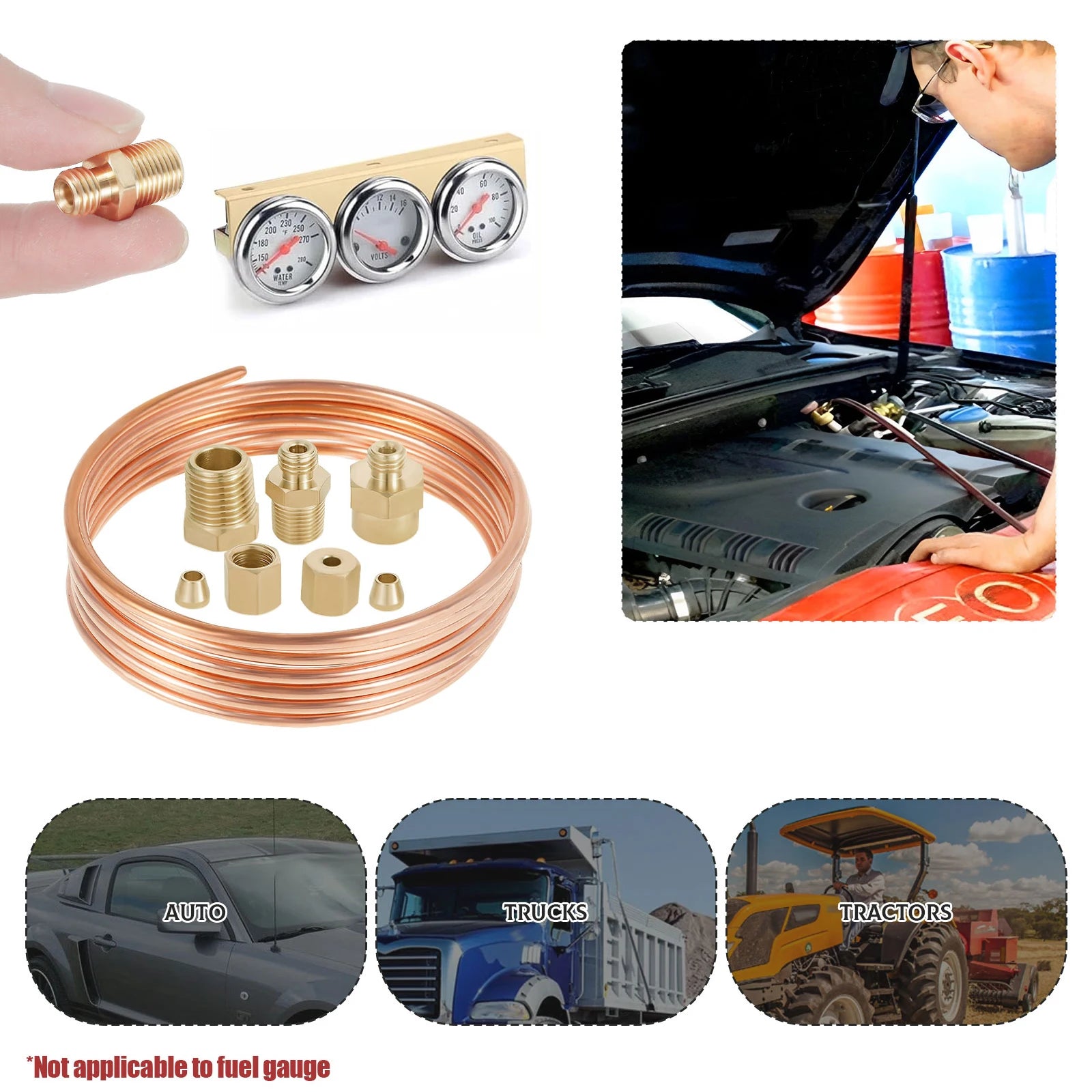 Oil Pressure Gauge Tubing Kit 72 in Practical Oil Gauge Line Kit Set Copper Tube Threaded Parts for Tractor/ Mechanical Pressure Zpaxo