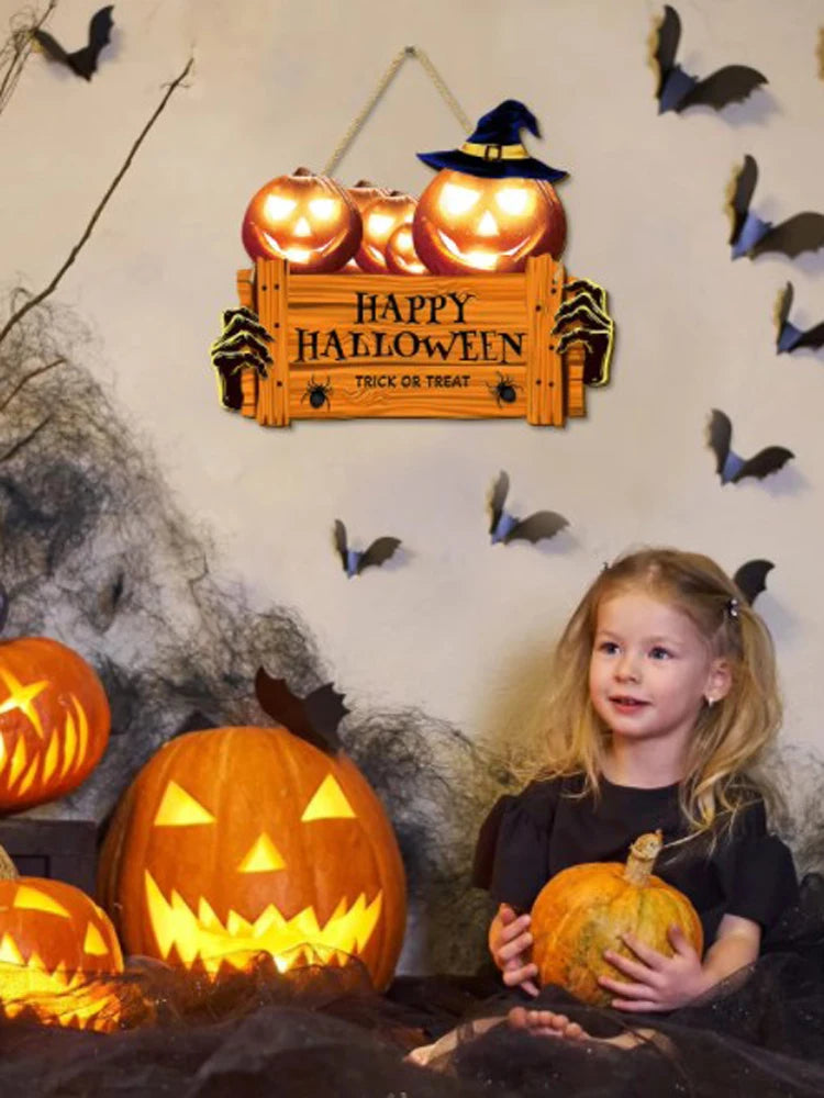 Happy Halloween Wooden Sign Decoration Pumpkin Hat Door Holiday