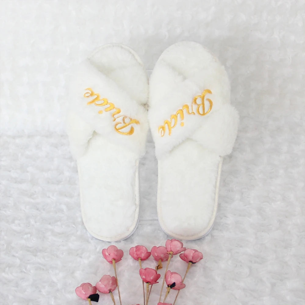 Wedding Bride Slippers Bridesmaid Slippers Embroidered Plush Open Toe Slippers Gifts for Bridal Shower Bachelorette Party Zpaxo