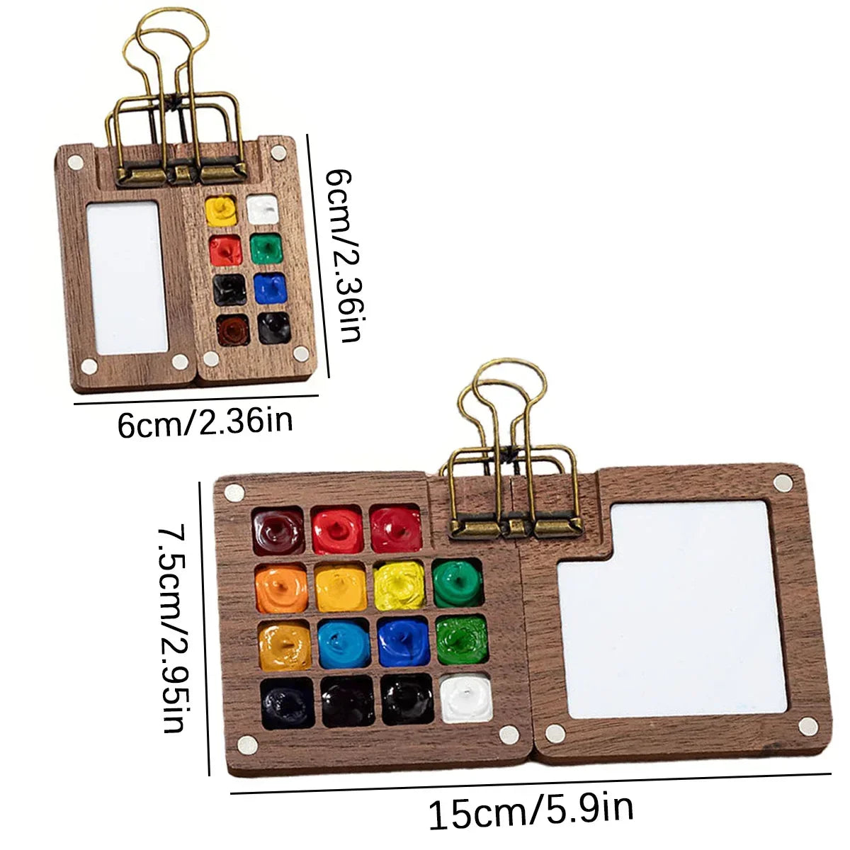 Mini Wooden Watercolor Palette Set – 8/15 Grid with Brushes
