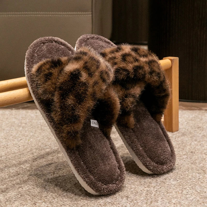 Women's Leopard Print Open Toe Slippers Spring Autumn Indoor Shoes Zpaxo Brown 44-45