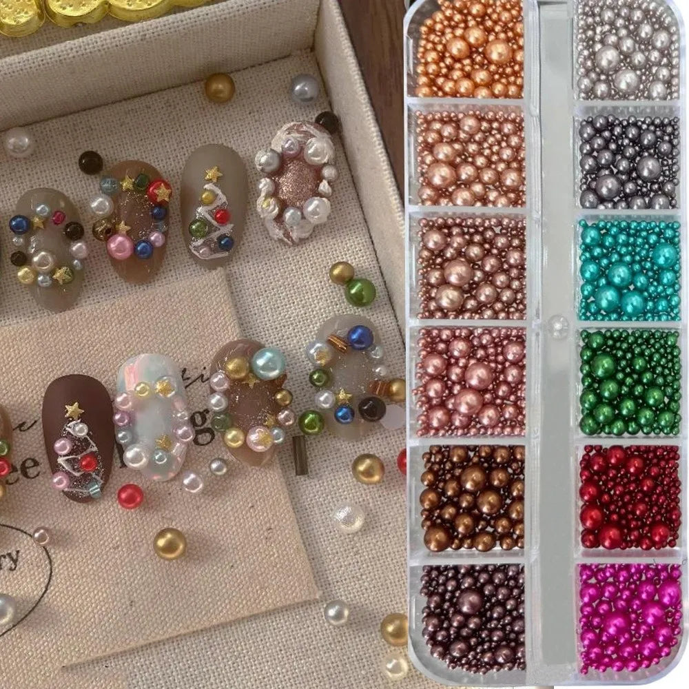 3D Nail Rhinestone Christmas Red Pearlescent Colorful Pearl Beads Zpaxo D