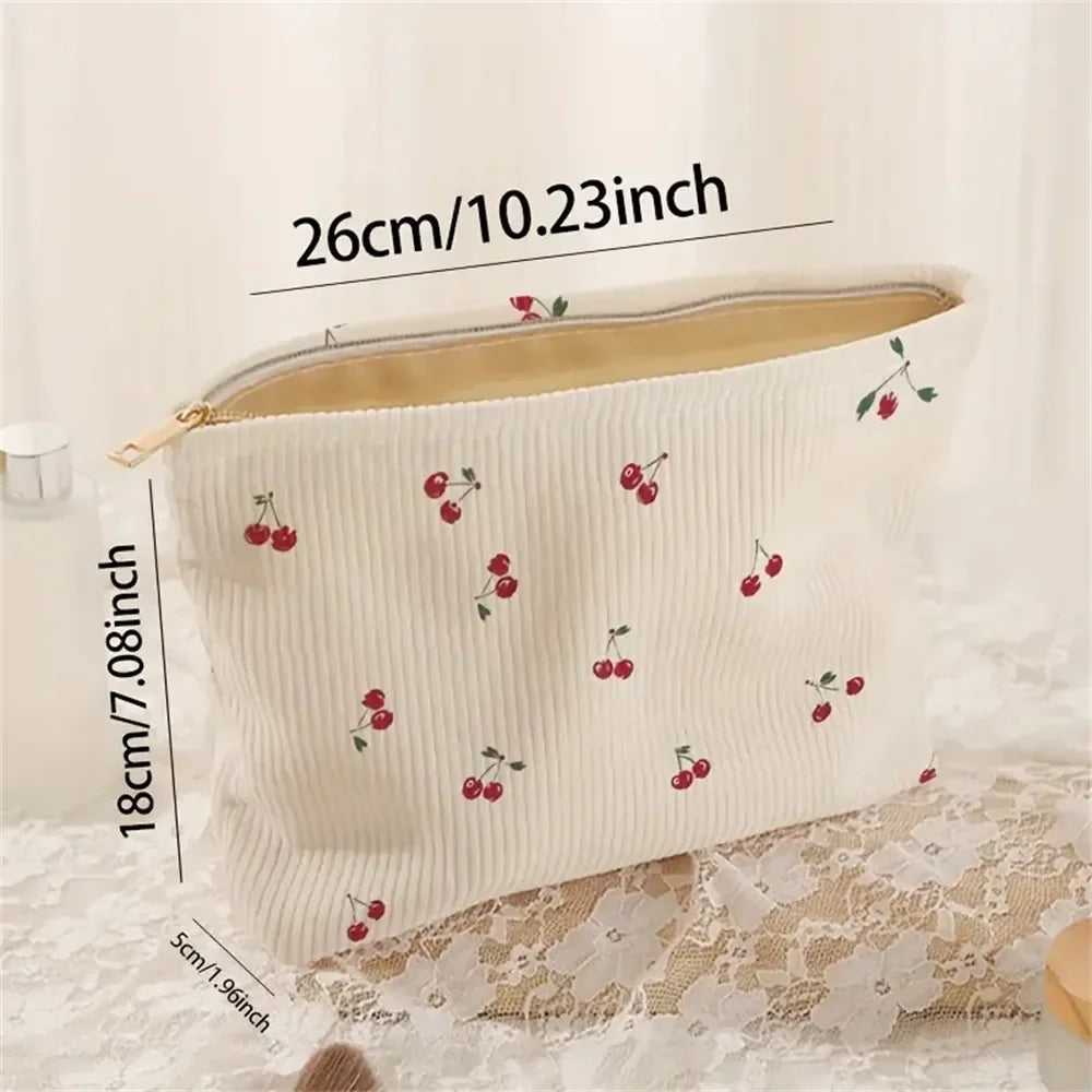 Hand Painted Cherry Corduroy Zipper Makeup Bag Lightweight Travel Toiletry Pouch Bohemian Style Cosmetic Organizer Zpaxo