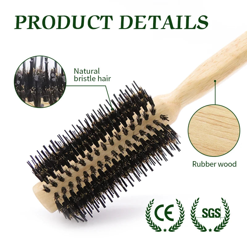Boar Bristles Round Hair Brush Women Anti Static Wood Comb Hair Curling Styling Barrel Rolling Detangling Hair Comb For Curly Zpaxo