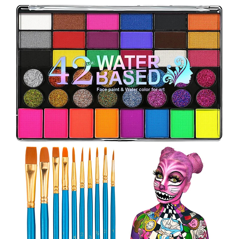 42 Color Face & Body Paint Palette Set,Water Soluble Long Lasting Safe Halloween Body Painting Pigments,Face Body Paint Makeup Zpaxo