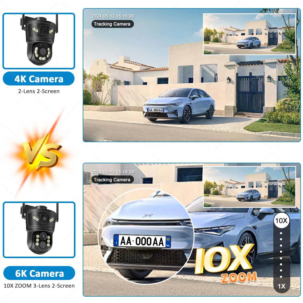 6K 12MP WiFi Camera Outdoor 10X Zoom Three Lens Dual Screen 8MP Security Cam Auto Tracking CCTV Video Surveillance PTZ Cameras Zpaxo