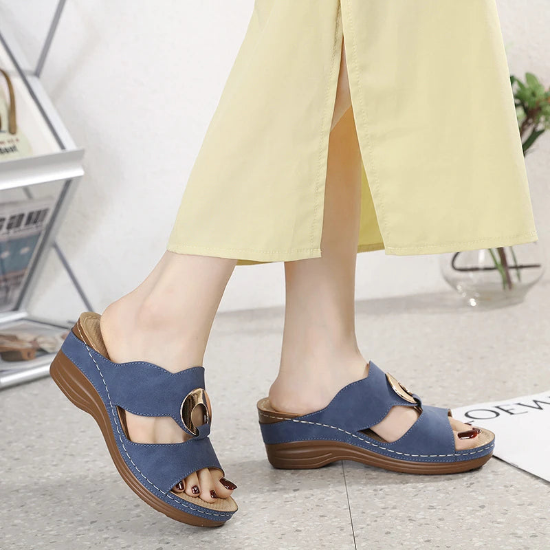 Wedge Slide Sandals Metal Ring Decor Faux Suede Upper Comfortable Zpaxo