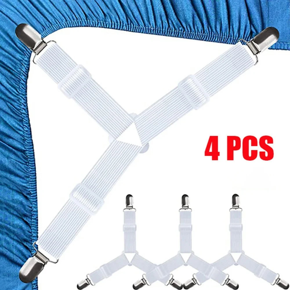 4-Pack Adjustable Non-Slip Sheet Straps with Elastic Clips Sheet Strap Clips Zpaxo White