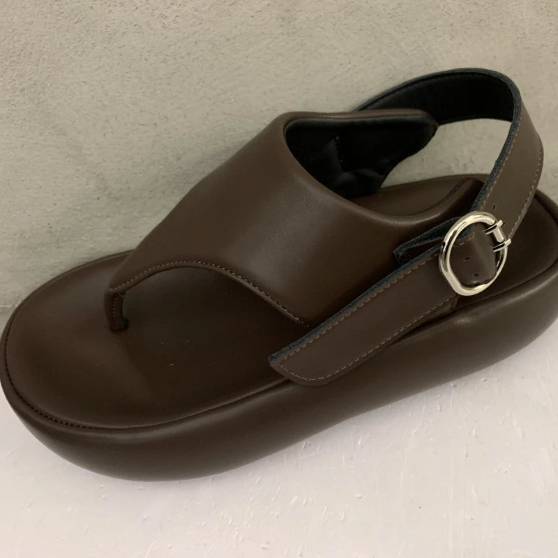 Thick-soled Heightening Belt Buckle Clip-toe Sandals 2025 Summer Leather Beach Shoes Casual Roman Women's Shoes Zpaxo