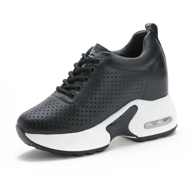 White Perforated Leather Wedge Sneakers Women Lace Up Design Round Zpaxo Hollow Black 38 China Mainland