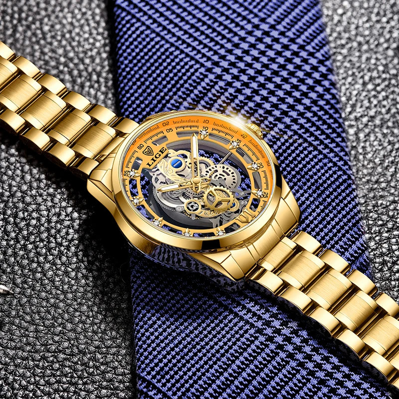2025 LIGE Men Watch Skeleton Automatic Quartz Watch Gold Skeleton Vintage Man Watch Mens Watches Top Brand Luxury часы мужские Zpaxo