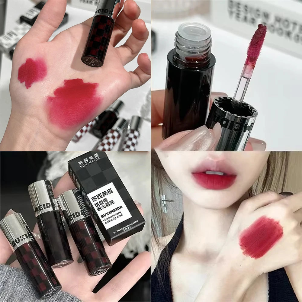 Checkered Nude Purple Matte Lip Mud Mousse Lipstick Waterproof Punk Zpaxo