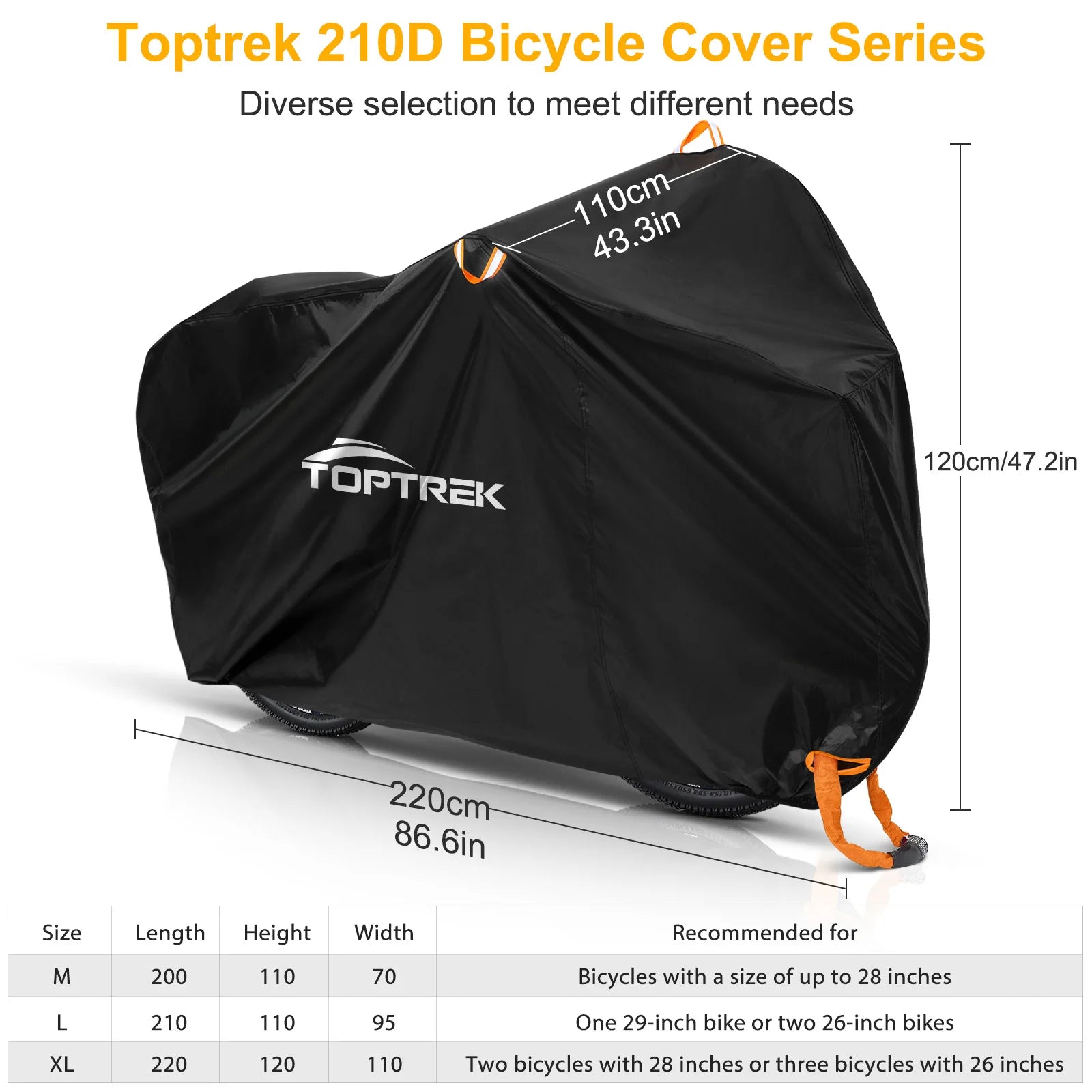 Toptrek Bike Cover 210D Oxford Outdoor Storage Waterproof&Anti-UV Bicycle Cover with Waterproof Membrane for 1-3 Bikes Rain Snow Zpaxo 220x120x110cm XL