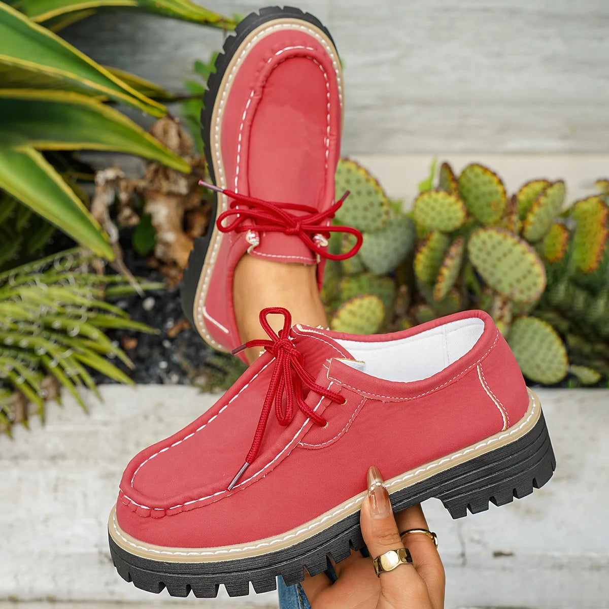Woman Loafers Round Toe Rubber Outsole Sneakers Women Retro Autumn Large Size Shoes Ladies Casual British Style Thick Heel Shoes Zpaxo Red 40