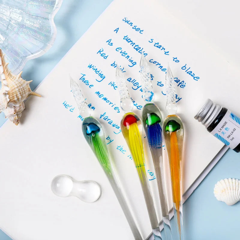 Jellyfish Glass Dip Pen Set – 3-Piece Crystal Calligraphy Gift