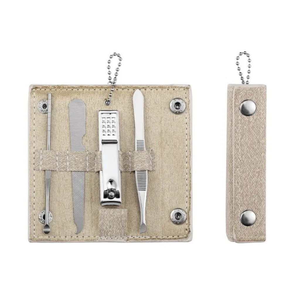 Travel 4 in 1 Nail Clipper Kit Stainless Steel PU Leather Case Manicure Tools Set Ear Spoon Mini Eyebrow Trimming Tool Zpaxo Beige
