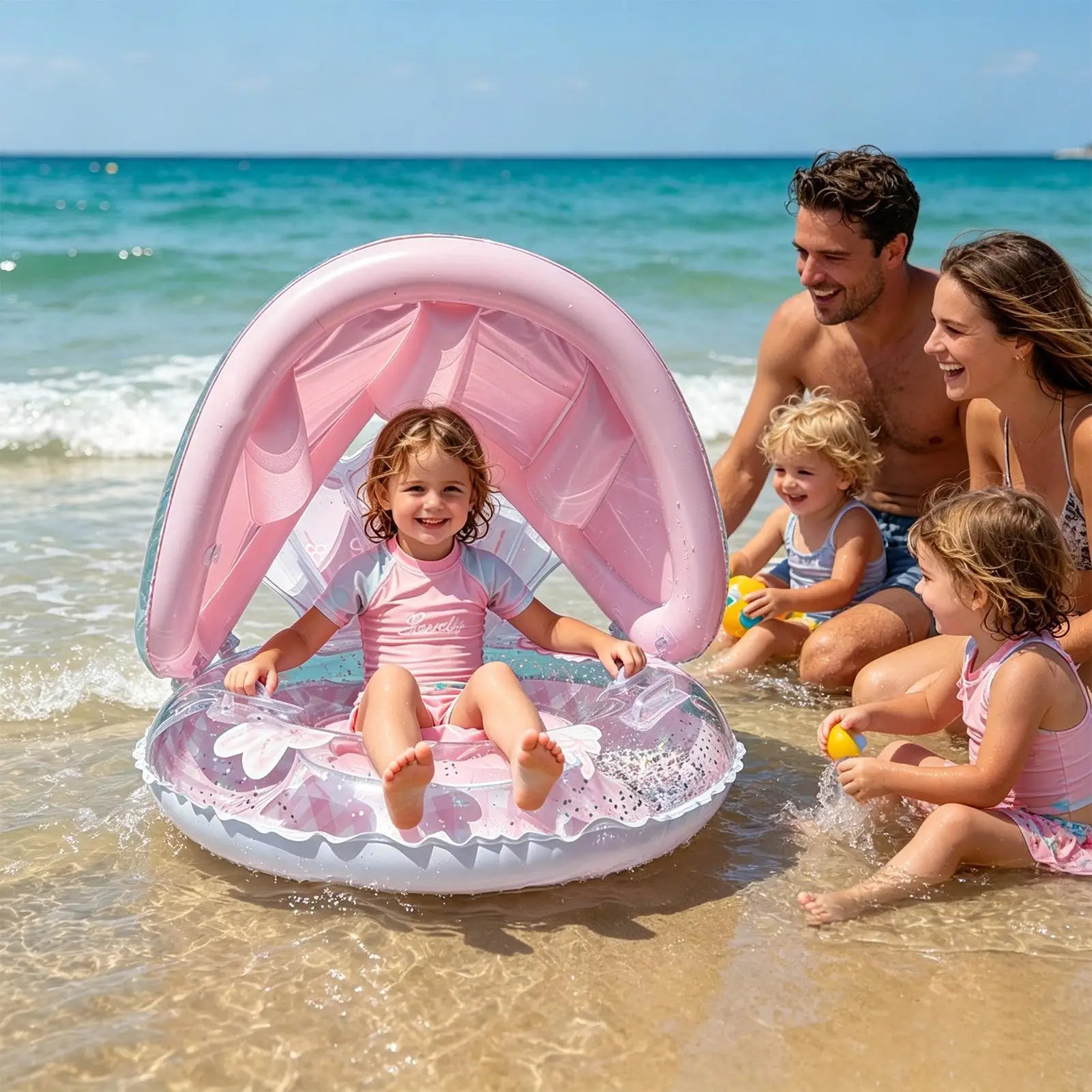 Kids Pool Floats With Backrest Sun Protection Swimming Ring Pool Float With Canopy For Kids Beach Water Lake Summer Travel Zpaxo