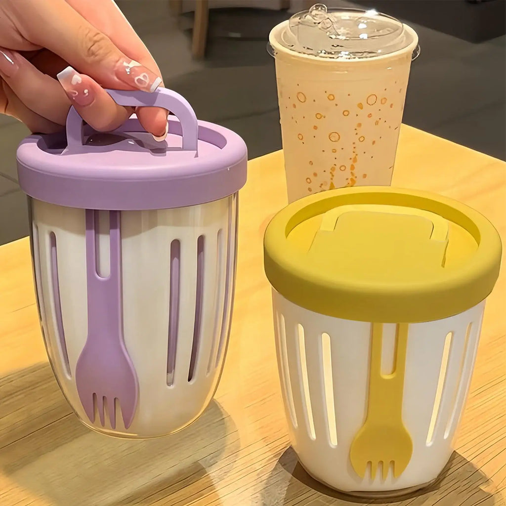Leak-Proof Yogurt & Salad Cup with Lid, Fork & Drain – 300ml Portable Food Container Zpaxo