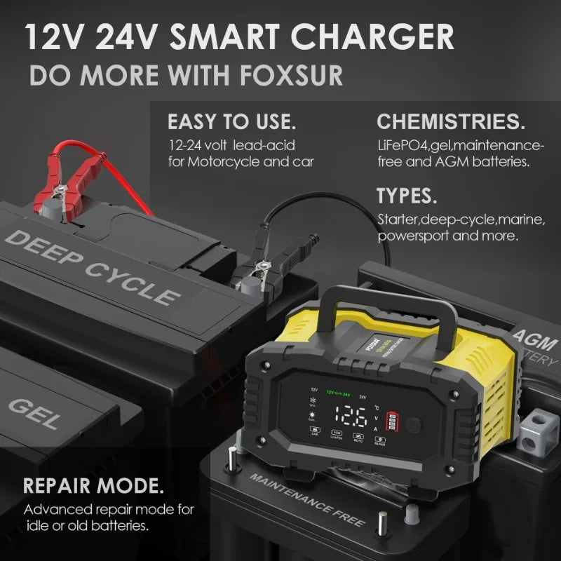 FOXSUR 12V/24V 10A Smart Battery Charger – AGM LiFePO4 GEL