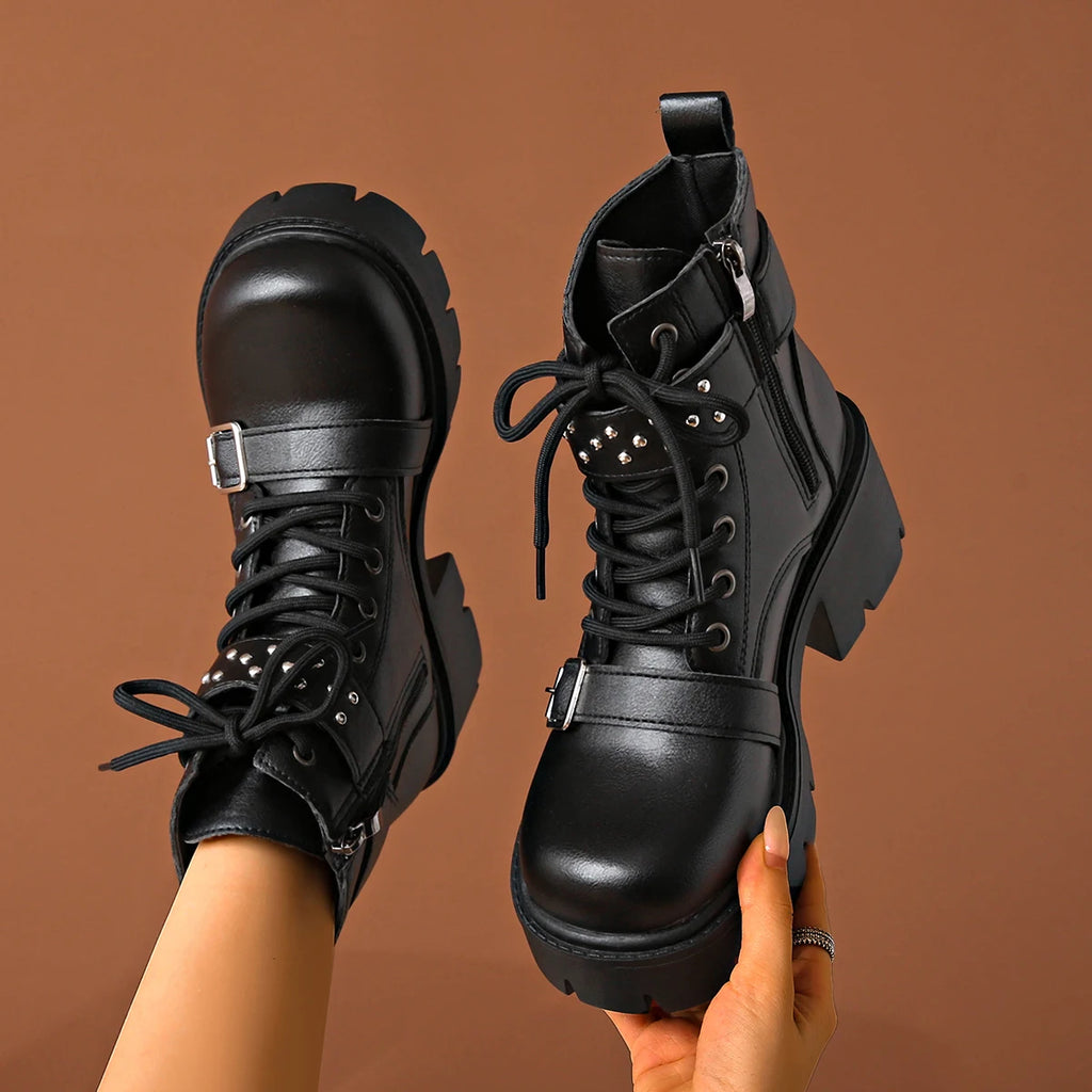 Women Ankle Boots 2025 New Fashion Lace Up Shoes Comfortable Luxury Buckle Strap Boots Women Solid Chunky Heel Mid-Calf Boots Zpaxo black 43