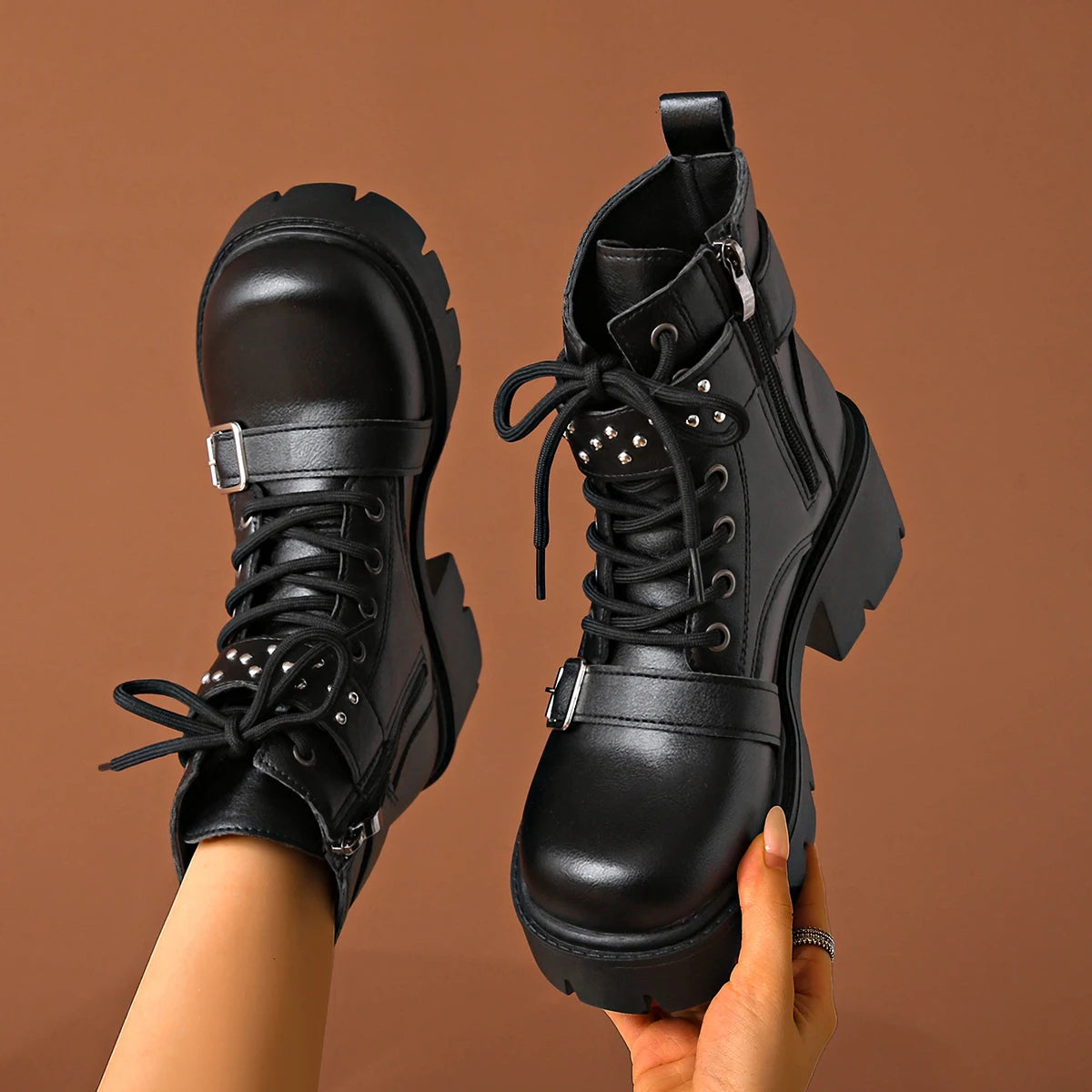 Women Ankle Boots 2025 New Fashion Lace Up Shoes Comfortable Luxury Buckle Strap Boots Women Solid Chunky Heel Mid-Calf Boots Zpaxo black 43