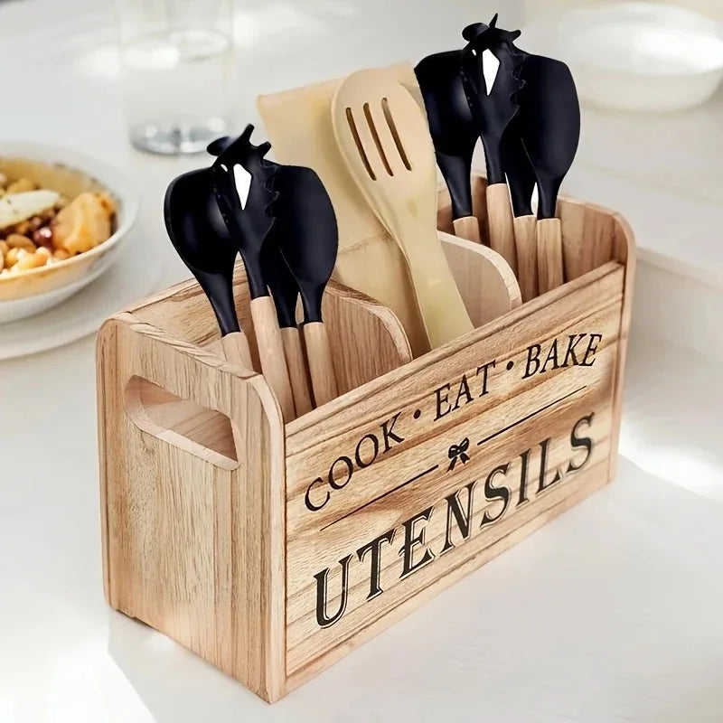 Kitchen Utensil Rack Three Compartments Rustic Wooden Storage Box