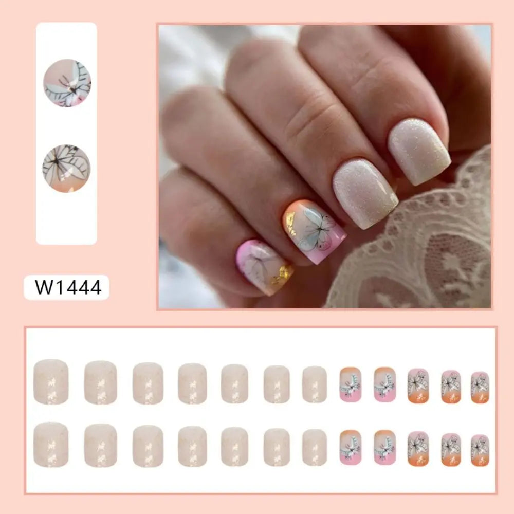 Short Round False Nails French Bear Glitter Butterfly Full Cover Zpaxo