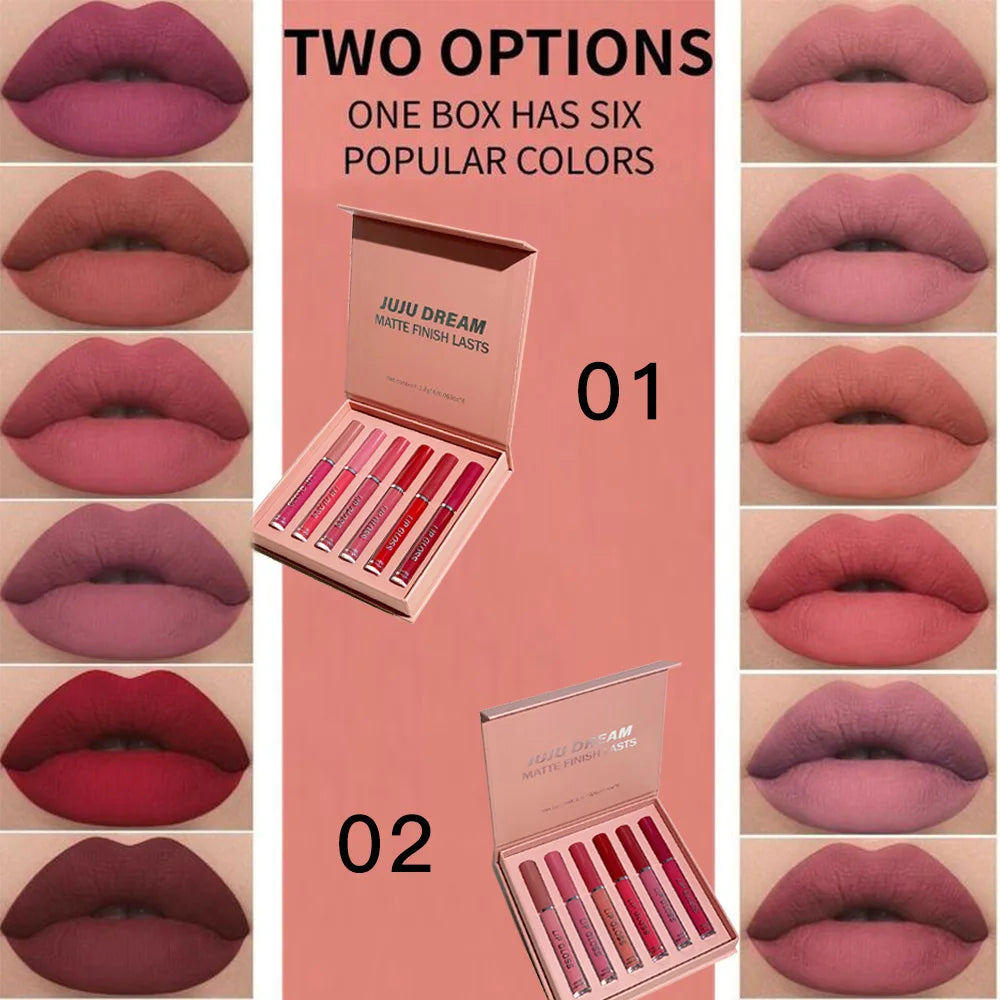 JUJU DREAM 6Pcs Matte Lipstick Set Long-Lasting Non-Stick Cup Lip Makeup Kit Popular Shades Waterproof Non-Fading Lip Color Kit Zpaxo