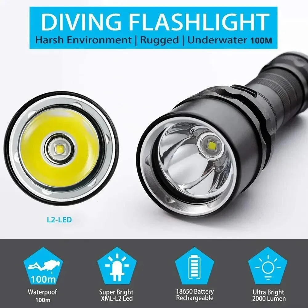 IP68 Diving Flashlight 2000 Lumens | 18650 Battery Waterproof