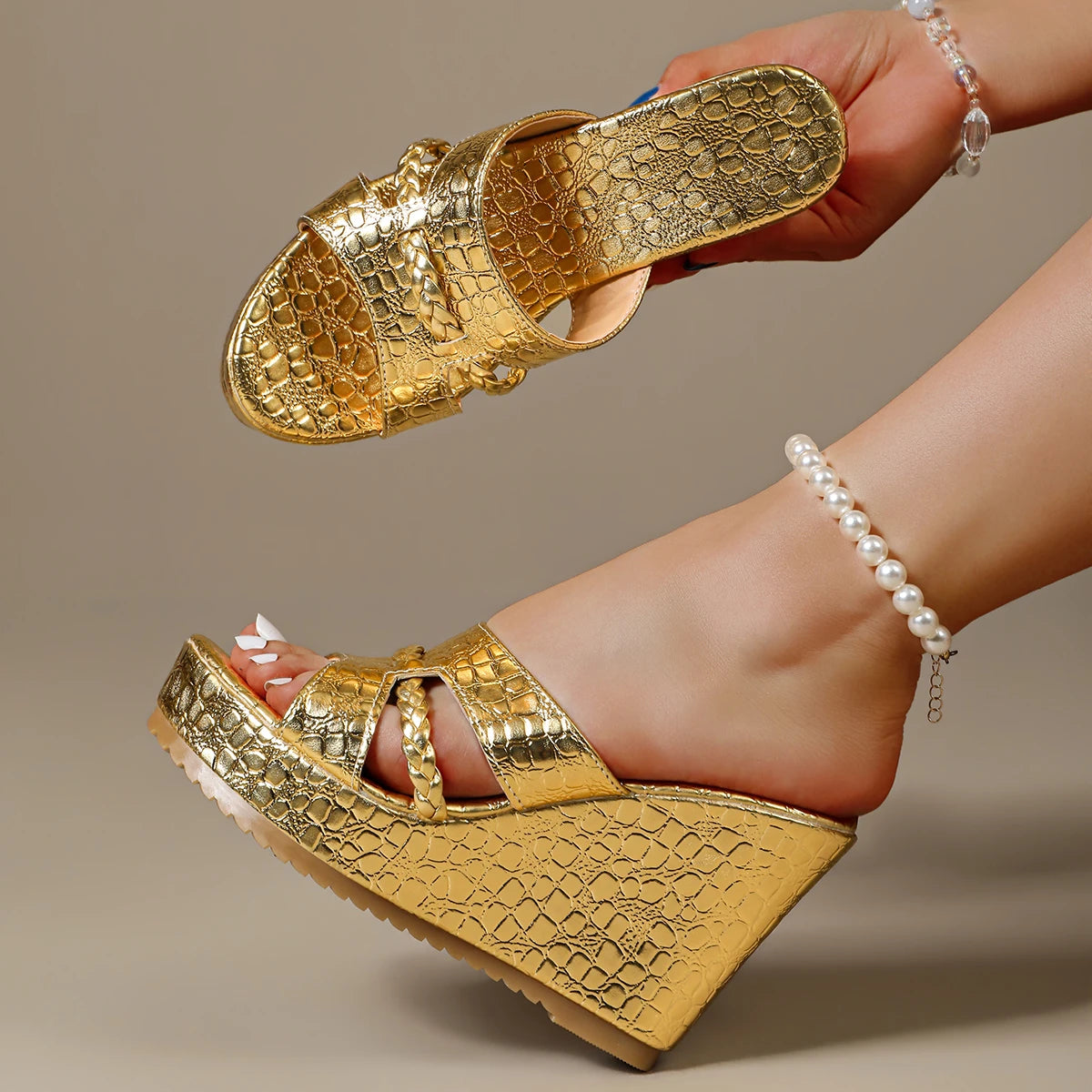 Women Sandals Summer Thick Bottom Shoes Woman Fashion Gold Sliver Platform Sandals Wedge Slippers Women Height Increase Shoes Zpaxo Gold 36