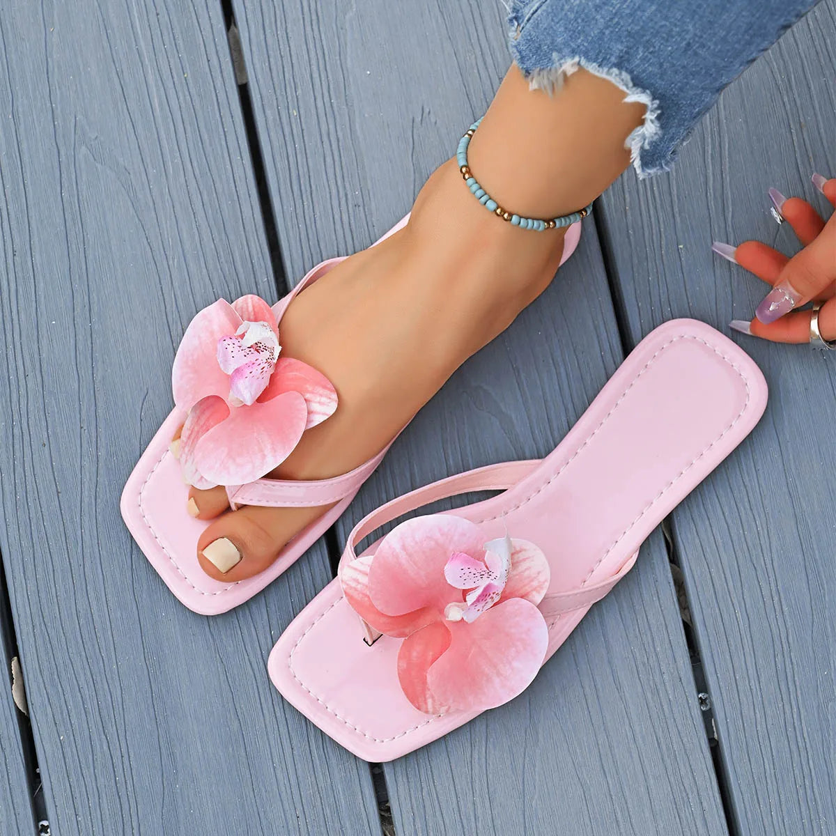 Women Slippers Summer Flip Flops Square Toe Flat Sandals Outdoor Zpaxo Pink 43