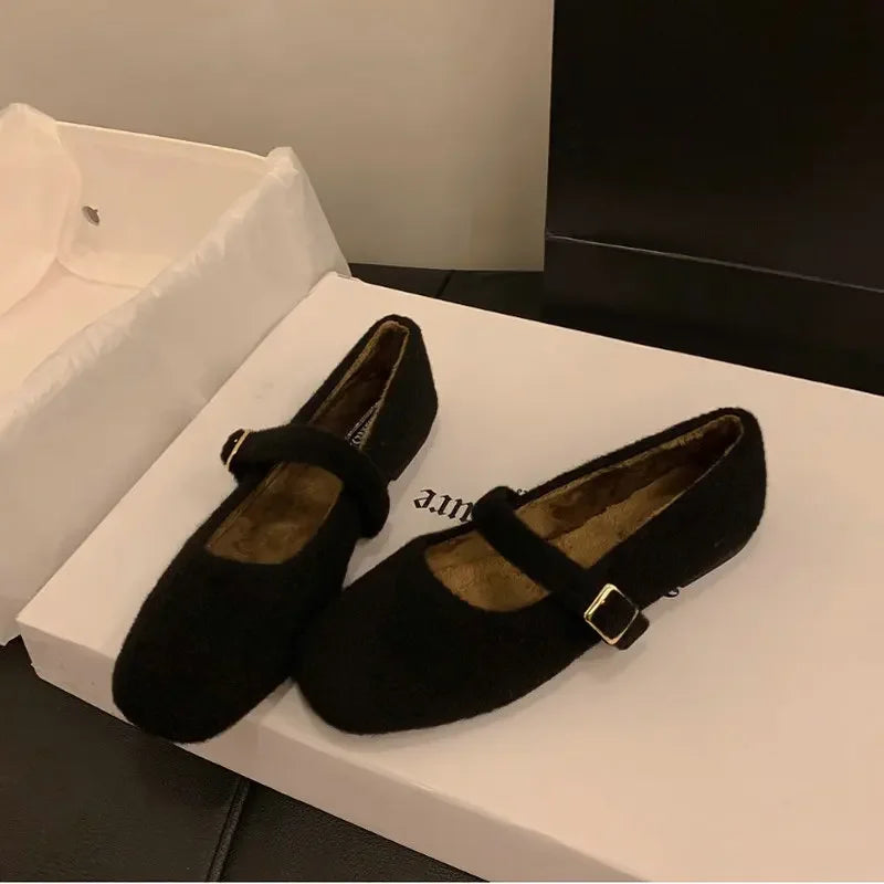 Flat Shoes for Women Autumn Winter Hairy Shoes Women's New Outdoor Mary Jane Flat Bottom Cotton Shoes Loafers Women Zpaxo