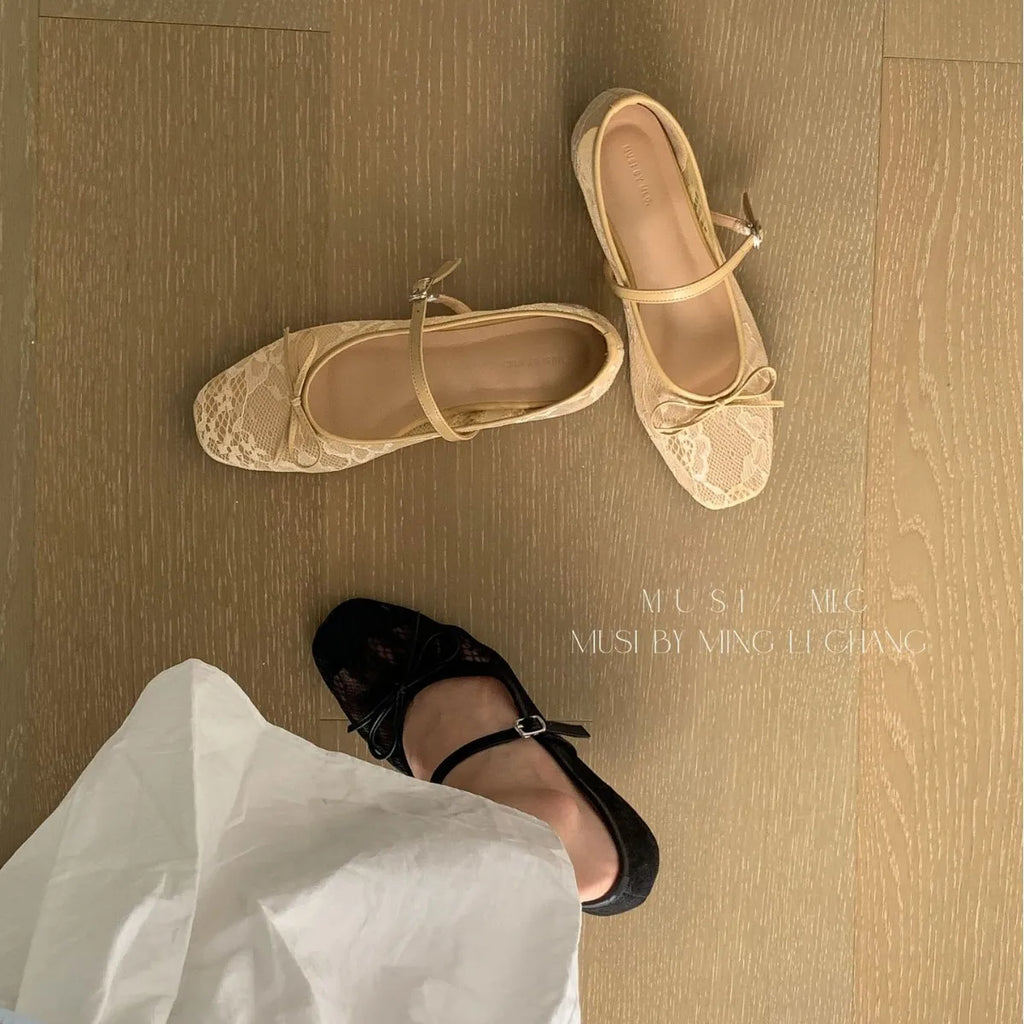 Flat Shoes for Women 2025 Casual Mesh Bow Lace New Breathable Hollow Shallow Mouth Flat Sole Shoes Mary Jane Shoes Ladies Zpaxo
