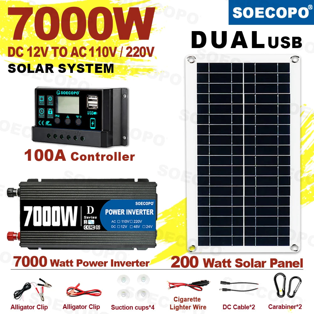 7000W Solar System Kit 12V To 110V/220V Off-Grid Inverter System 100A Controller 200W Panel for Home/Camping Backup CE FCC Zpaxo