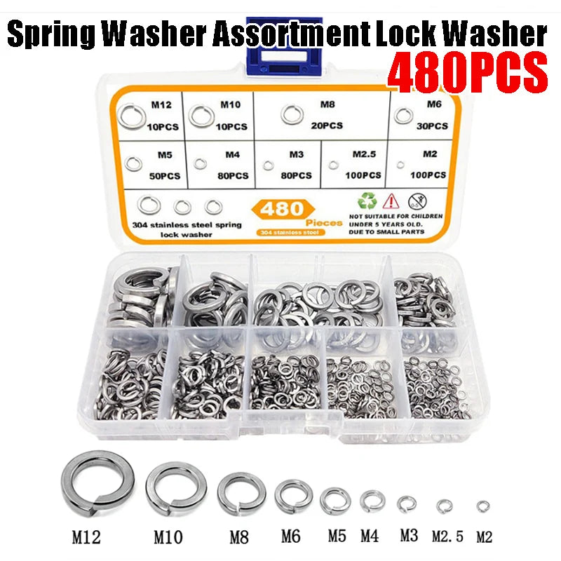 Boxed 304 Stainless Steel Spring Washer Assortment Lock M2-M12