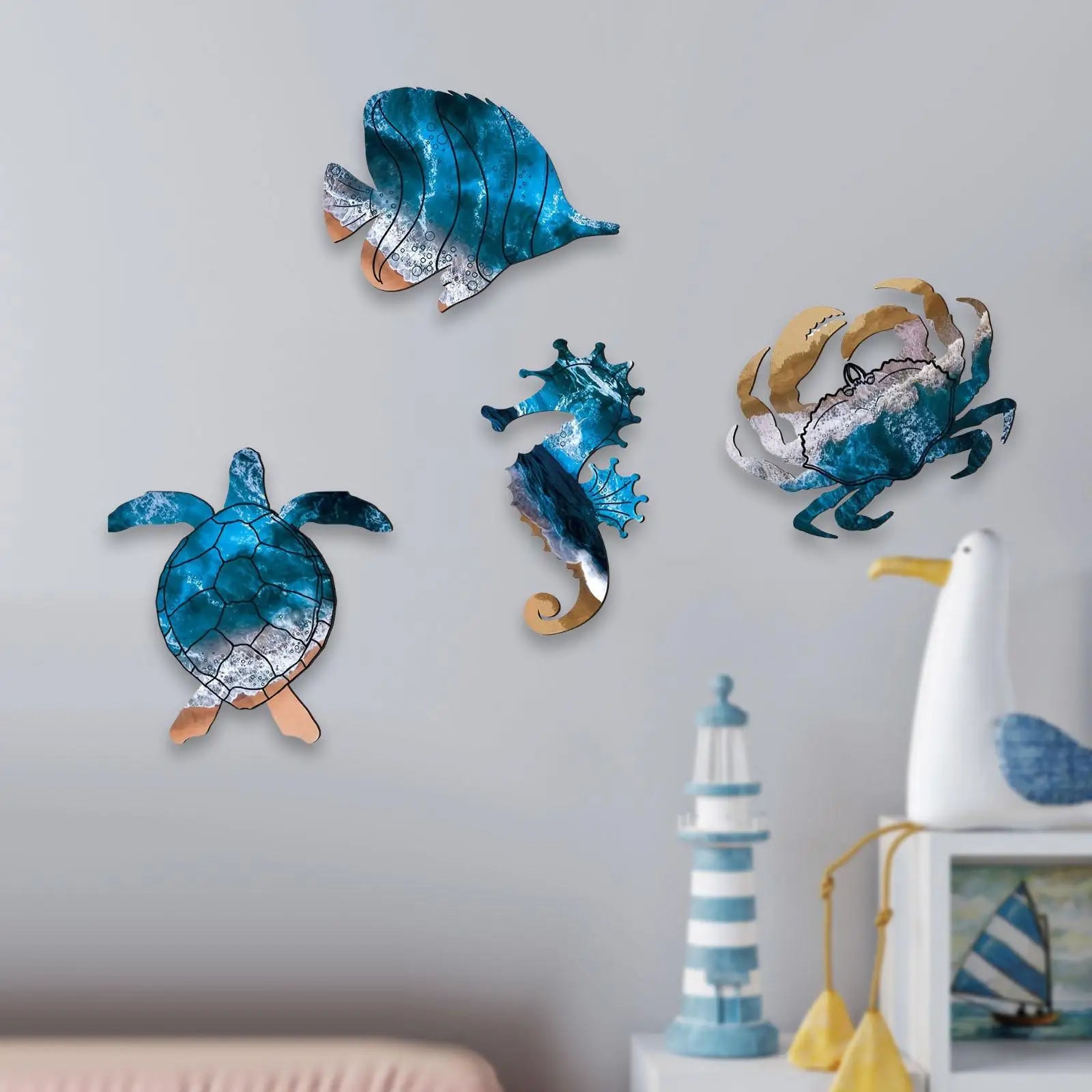 4x Sea Turtle Seahorse Crabs Fish Wall Sculpture Coastal Nautical Art for Cafe Lake House Ocean Bathroom Living Room Hotel Zpaxo Default Title