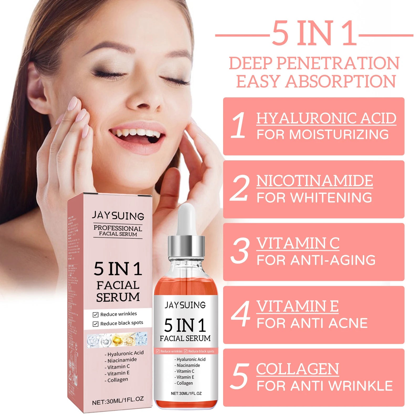 5 In 1 Face Serum Hyaluronic Acid Moisturizing Whitening Anti Wrinkle Aging Vitamin C Fade spots Shrink Pores Skin Care 30ml Zpaxo
