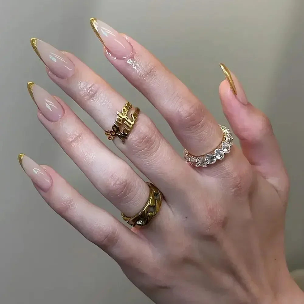 Long Almond False Nails French Leopard Star Press Fake DIY Manicure