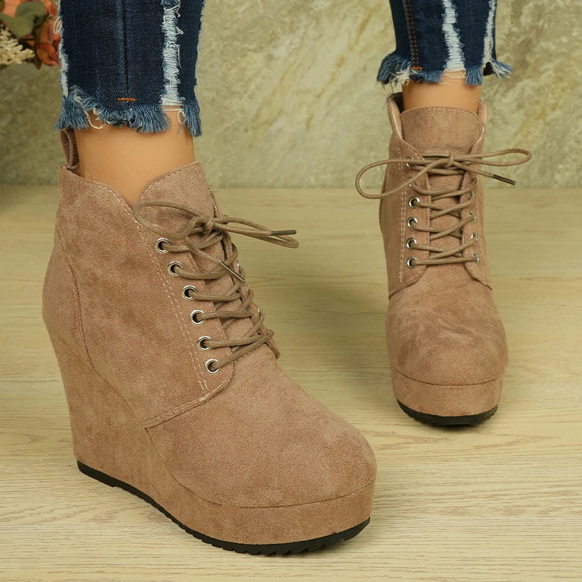 2025 New Women Boots Plus Size Chunky Platform Ankle Boots Woman Autumn Winter Short Booties Fashion Lace Up Wedge Shoes Women Zpaxo