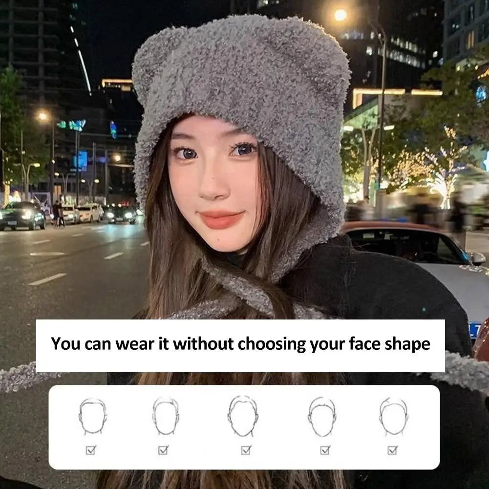 Autumn/Winter Cute Plush Wool Hat with Bear Ear Cold-proof Windproof Knitted Hat Long-lasting Warm for Women Girls Zpaxo